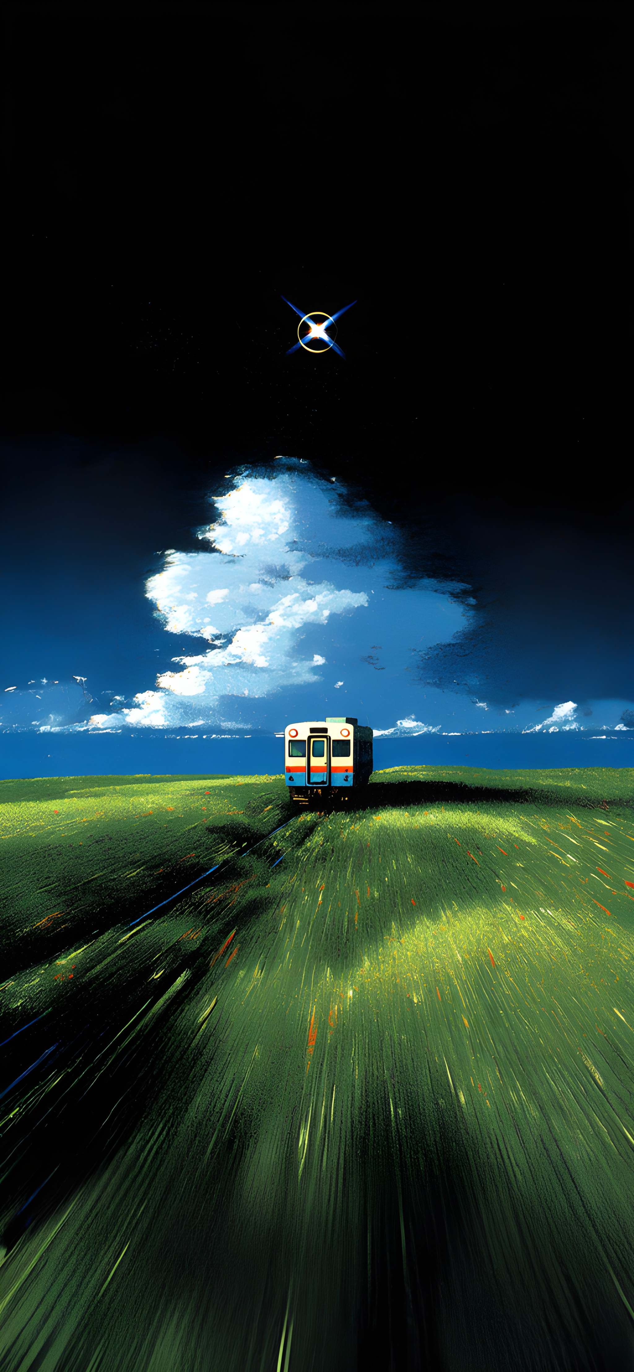 Galactic Night Train Surreal Sky Grassland Anime 4k Wallpaper